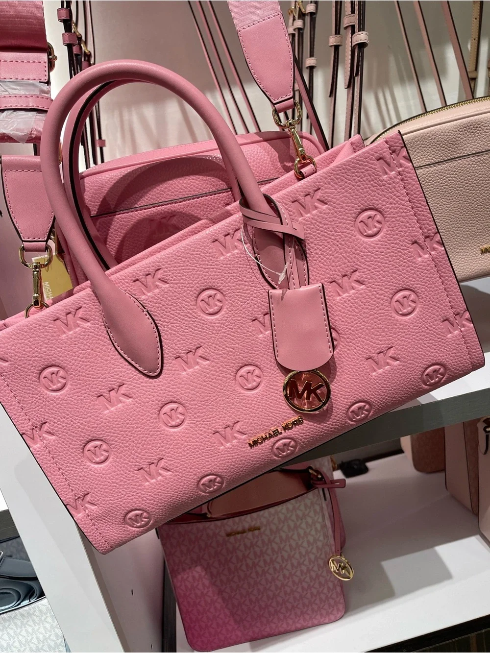 MICHAEL KORS Mirella Md EW Top Zip Logo Debossed Satchel Shoulder Carnation NWT